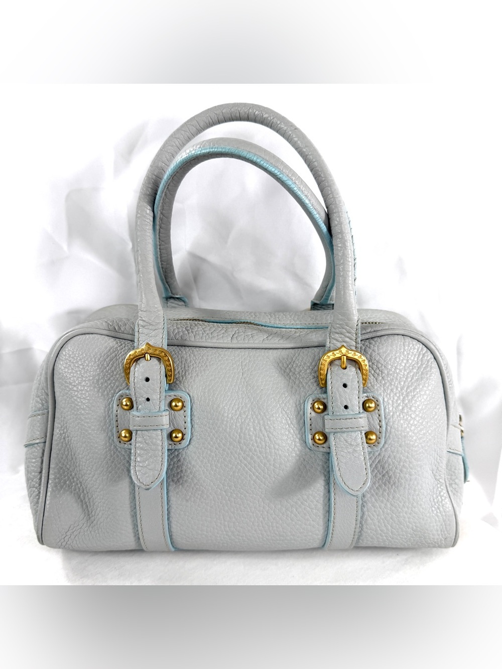 Dooney Bourke Pastel Blue Pebbled Leather Small Satchel Shoulder Bag Brass Studs - Picture 3 of 12